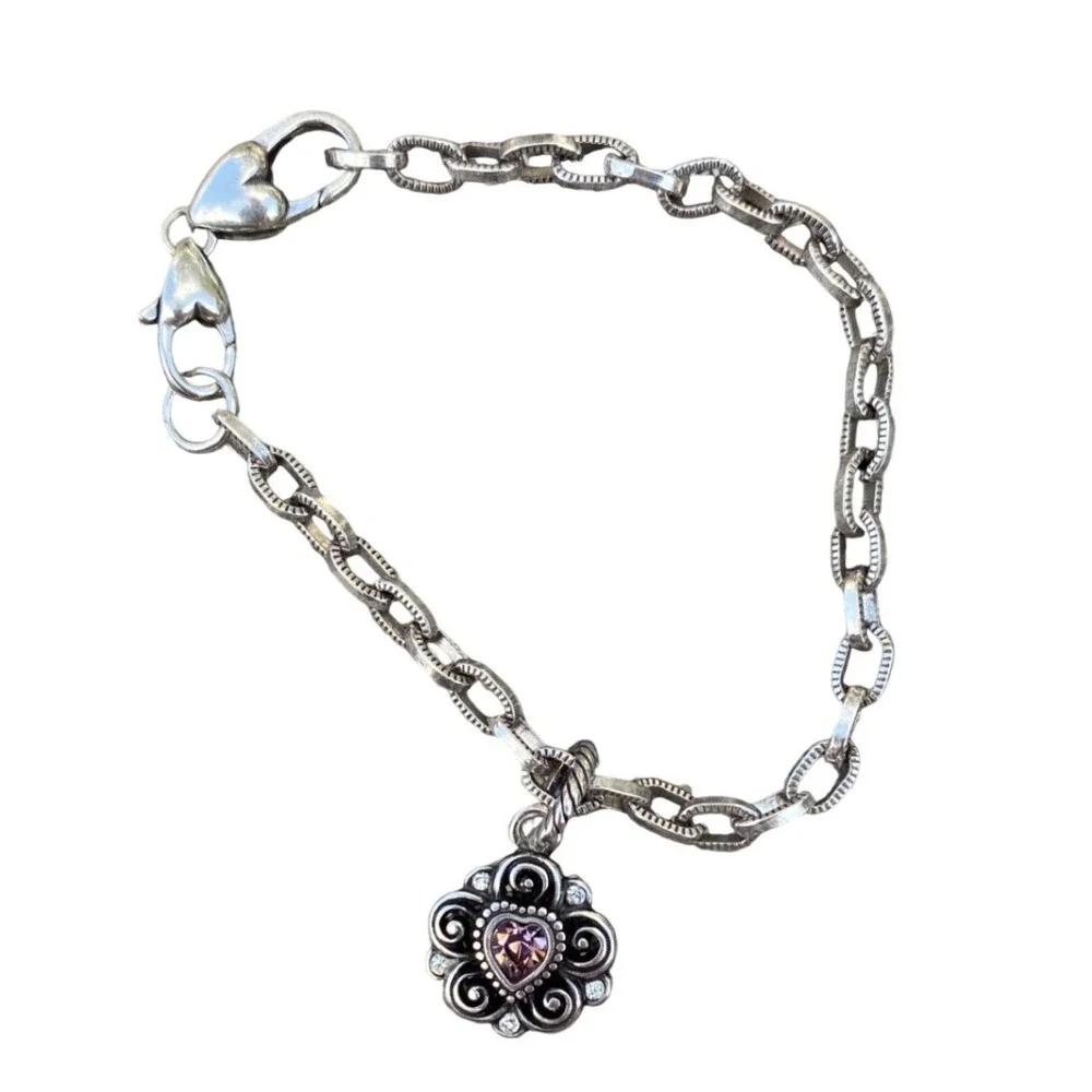 Brighton Silver Tone Heart Charm Flower Bracelet Pink‎ Gemstone Crystal Accents